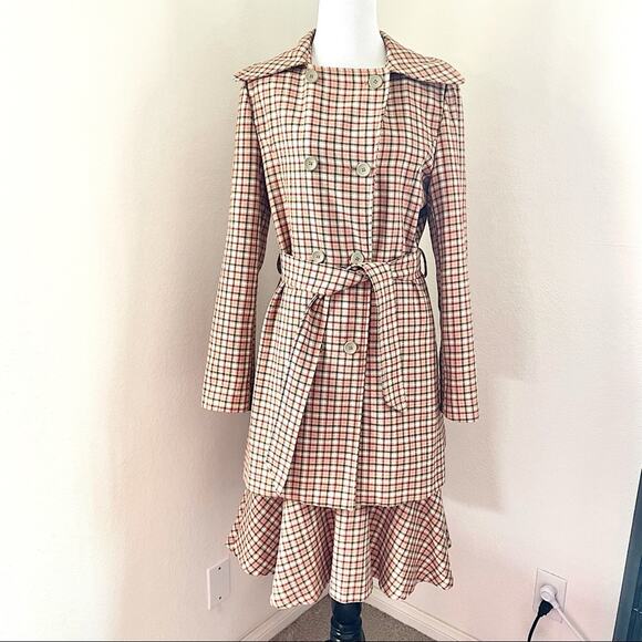 1970s UK-Inspired Plaid Trench Coat & Flounce Skirt Set Belted 2-Piece Gingham - Picture 4 of 16